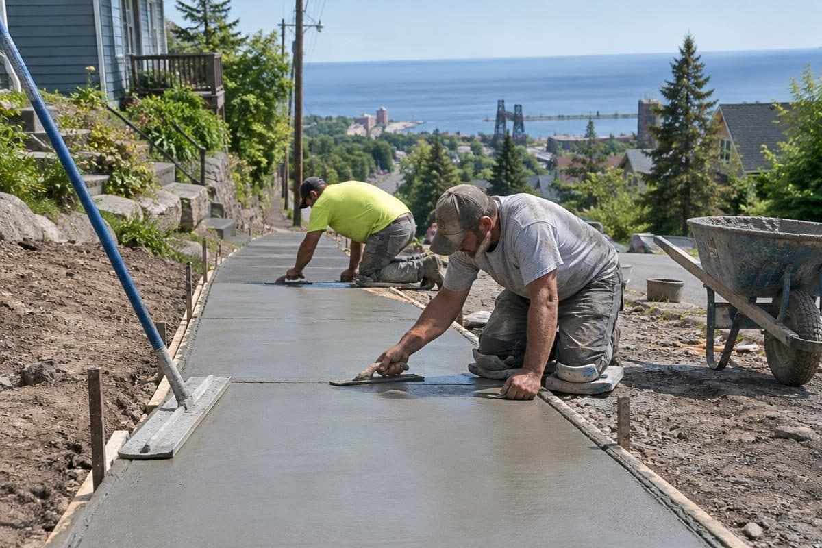 Concrete Duluth crew finishing a fresh sidewalk in a hillside neighborhood above Lake Superior