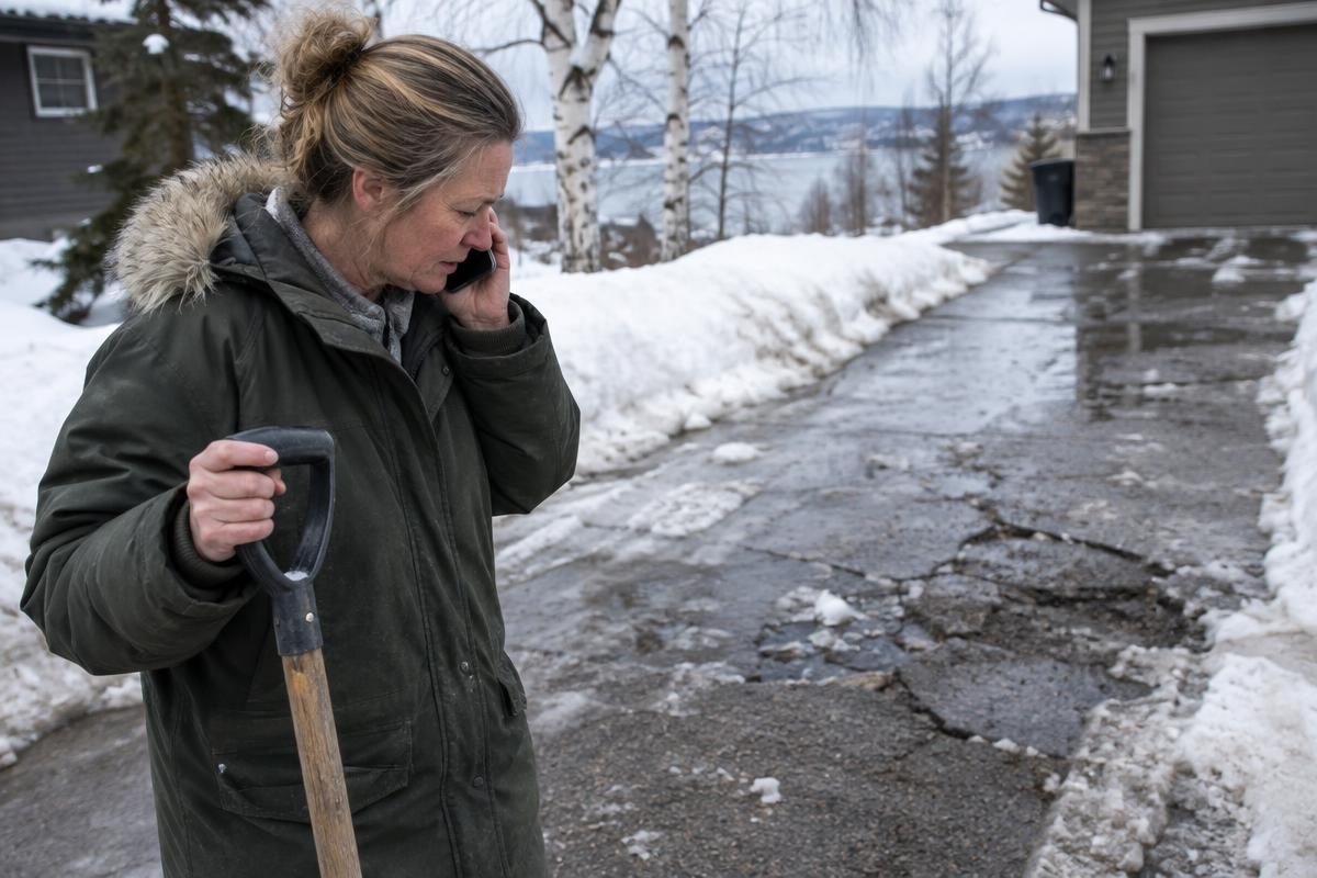 Duluth homeowner on the phone beside a cracked driveway in winter slush, calling Concrete Duluth