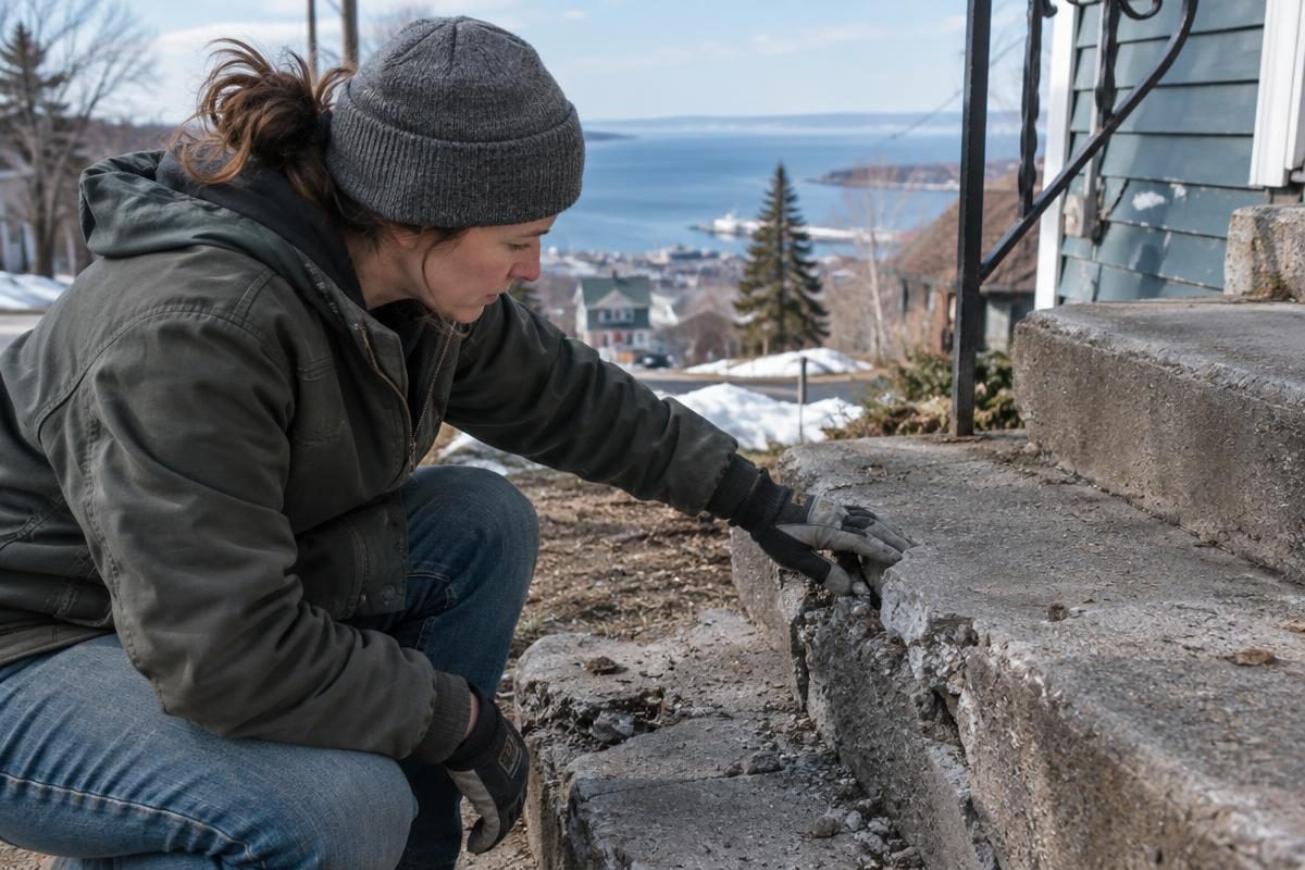 Spalled, frost heaved steps on a Duluth home, the freeze thaw damage a duluth concrete calculator prices